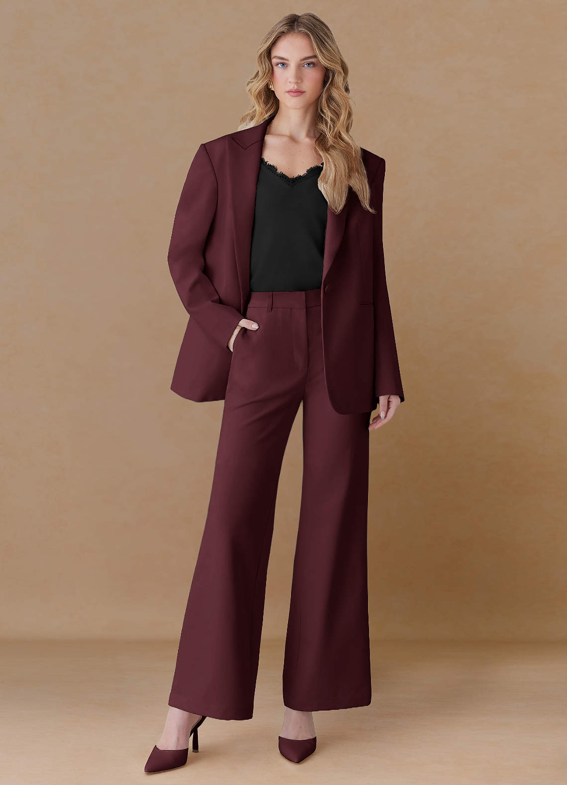 front Amelia Cabernet Refined Weave Performance Oversized Blazer