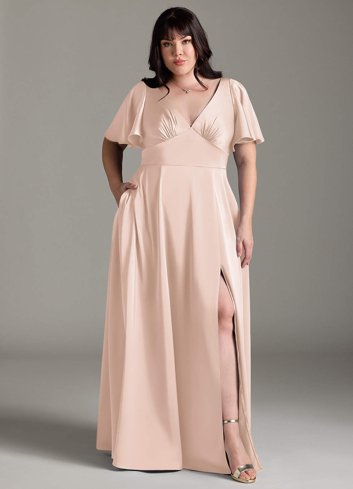 Azazie Kimber Bridesmaid Dresses Blushing Pink A-Line Ruched Stretch Satin Dress image1