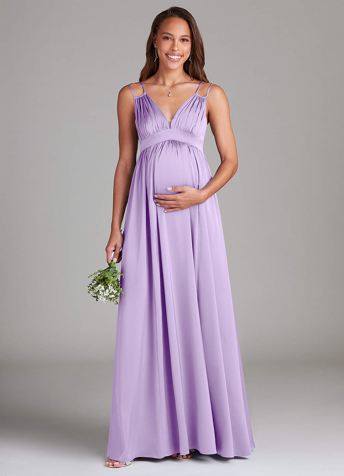 Azazie Emree Maternity Bridesmaid Dresses A-Line Stretch Satin Floor-Length Dress with Pockets image1