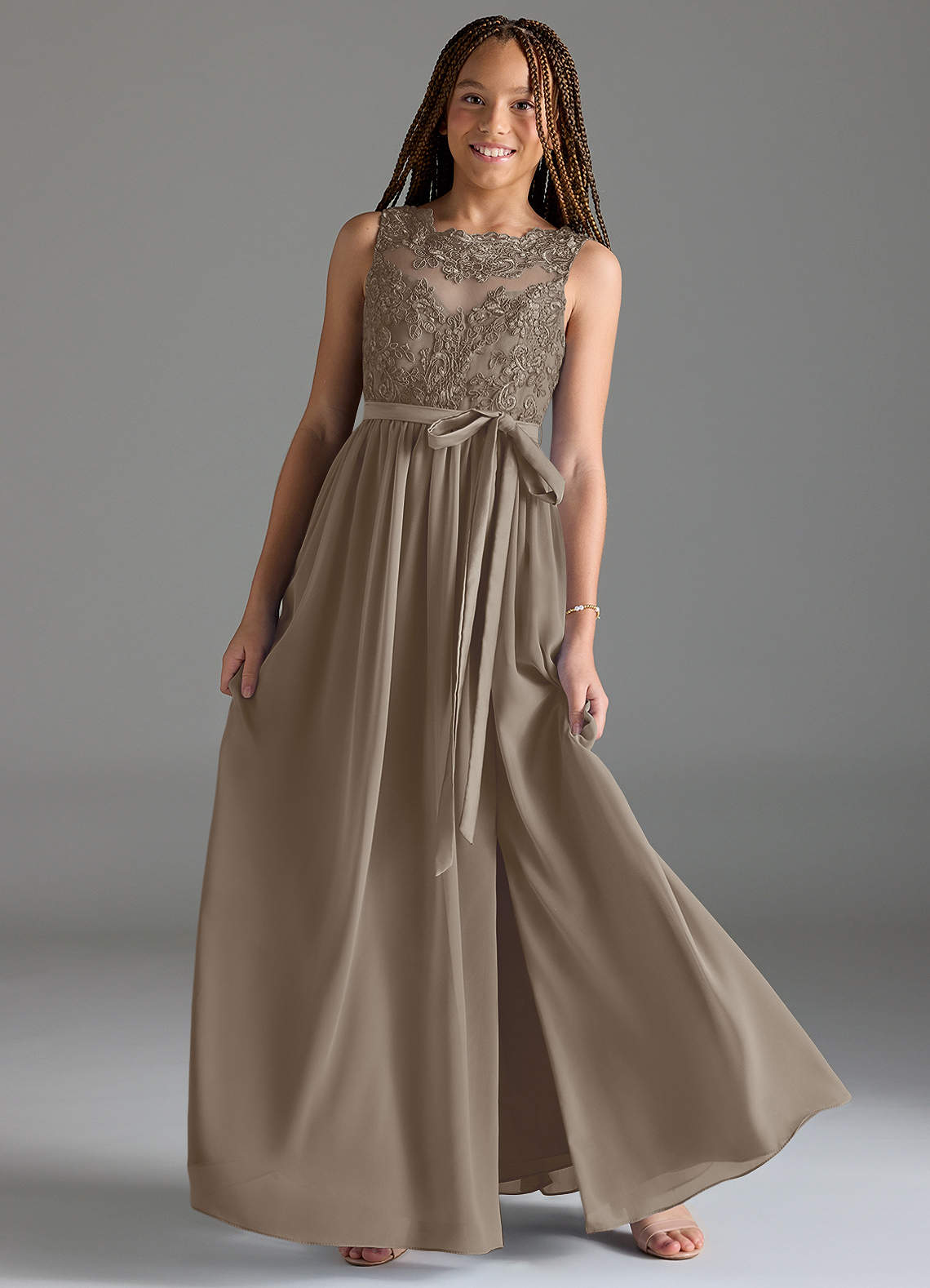 Azazie Elly Junior Taupe A-Line Lace Chiffon Dress image1
