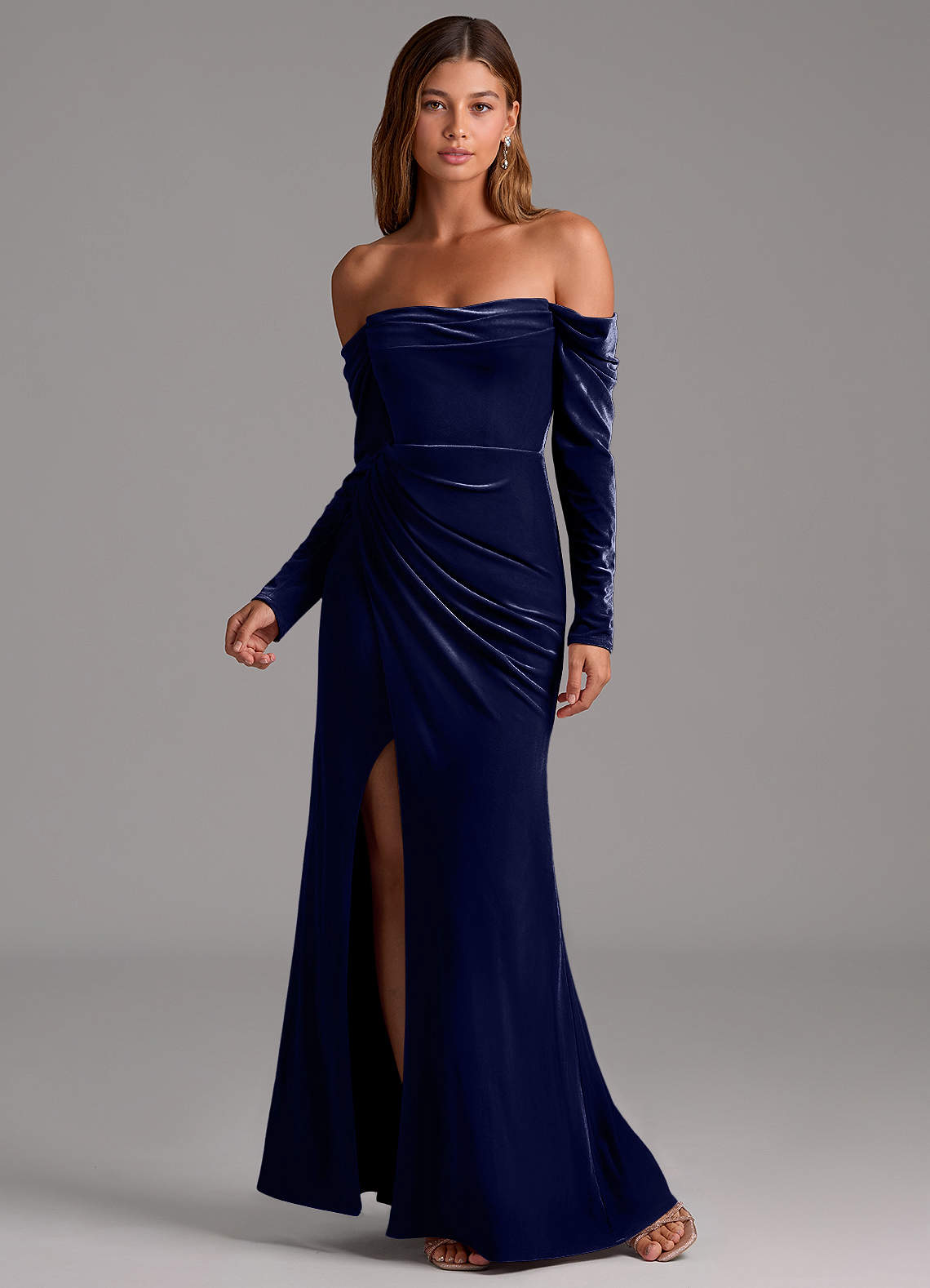 long sleeve navy bridesmaid dresses Navy Blue Velvet Bridesmaid Dress, Long Sleeve Mock Neck Gown, Elegant  Wedding Guest Dress
