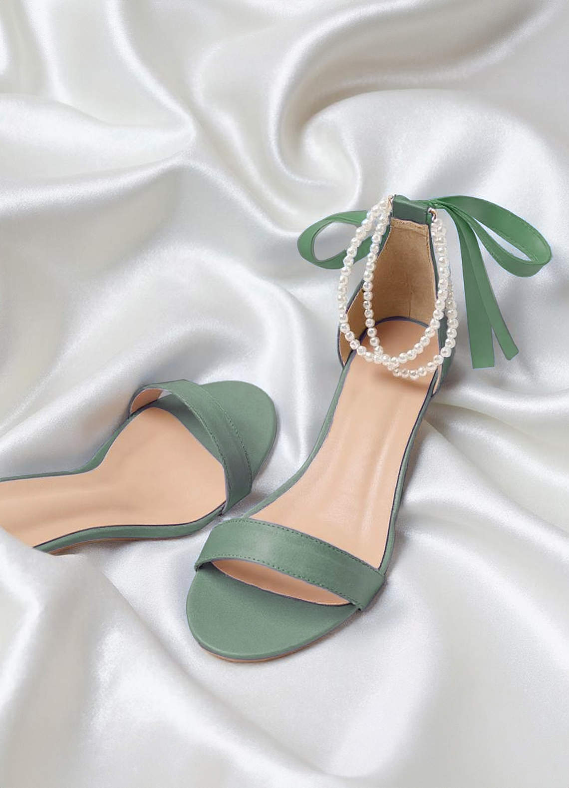 front Matching Color Matte Satin Pearl and Bow Open Toe Chunky Heel Sandals