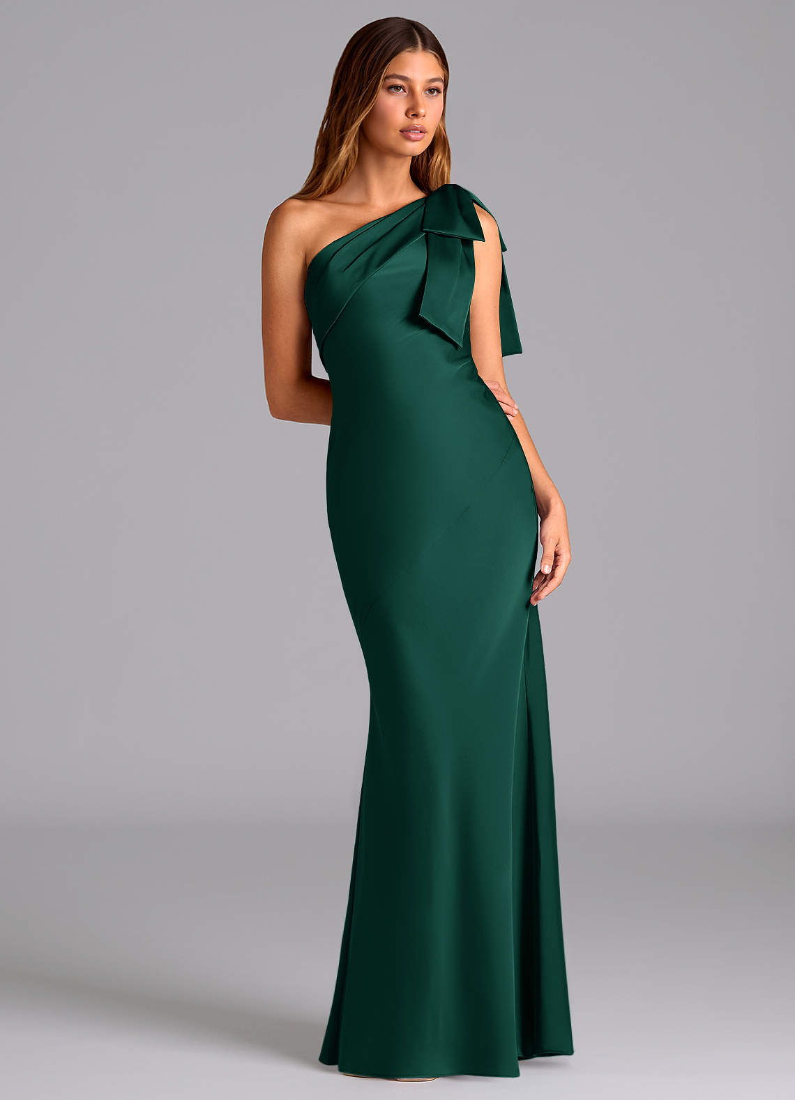 Azazie Yuanna Bridesmaid Dresses Emerald Mermaid One Shoulder Stretch Satin Dress image4