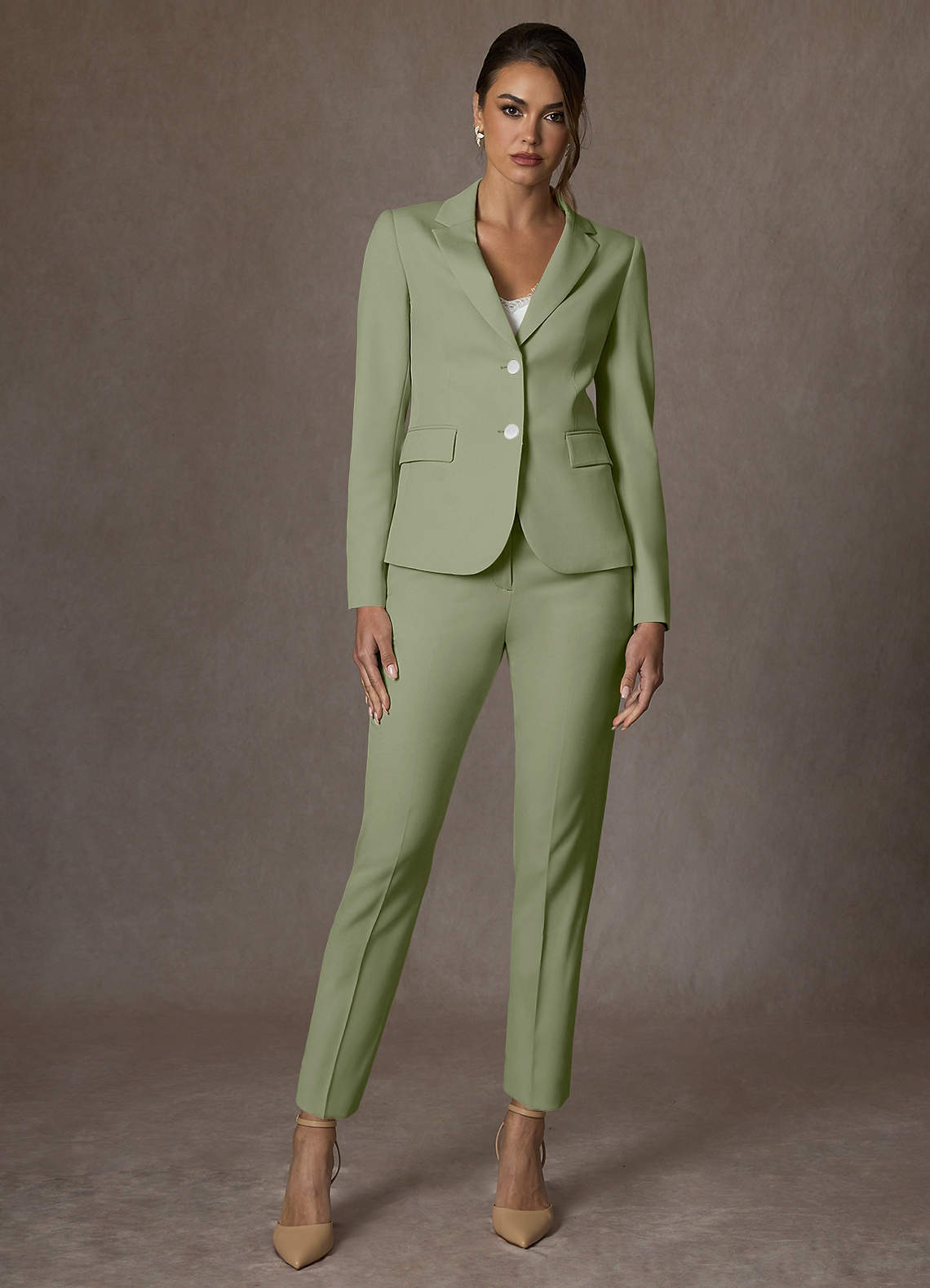 front Whitney Pistachio Structured Stretch Full Length Pants Suit