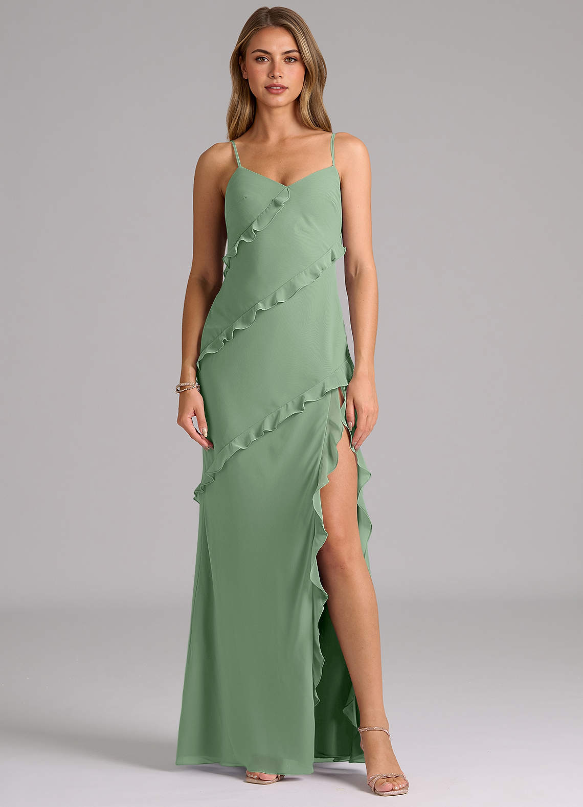 Azazie Nancie Abiti da Damigella Abito Sirena in Chiffon Increspato Matcha image1