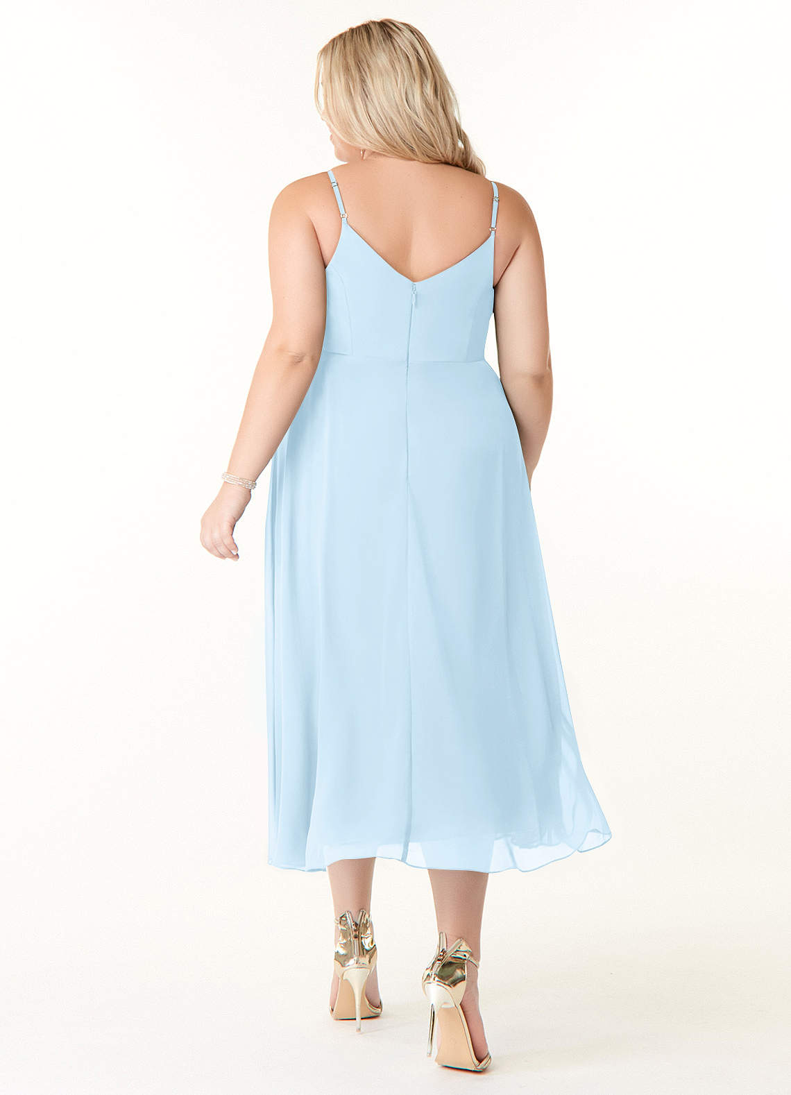 Sky Blue A Line Pleated Chiffon Tea Length Dress with Lace Up Back