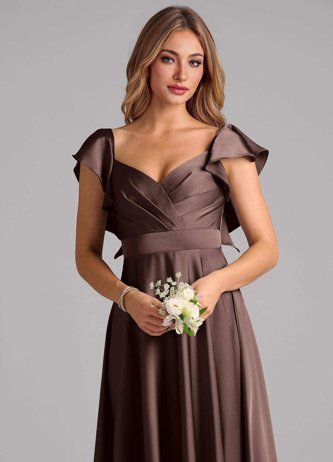 Azazie Leilani Bridesmaid Dresses Ganache A-Line Ruched Stretch Satin Dress image4