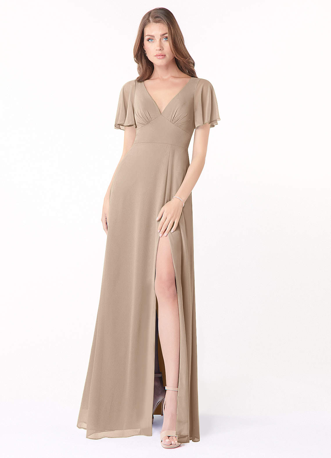 Azazie Kimber Bridesmaid Dresses Taupe A-Line Flounce Sleeve Chiffon Dress image1