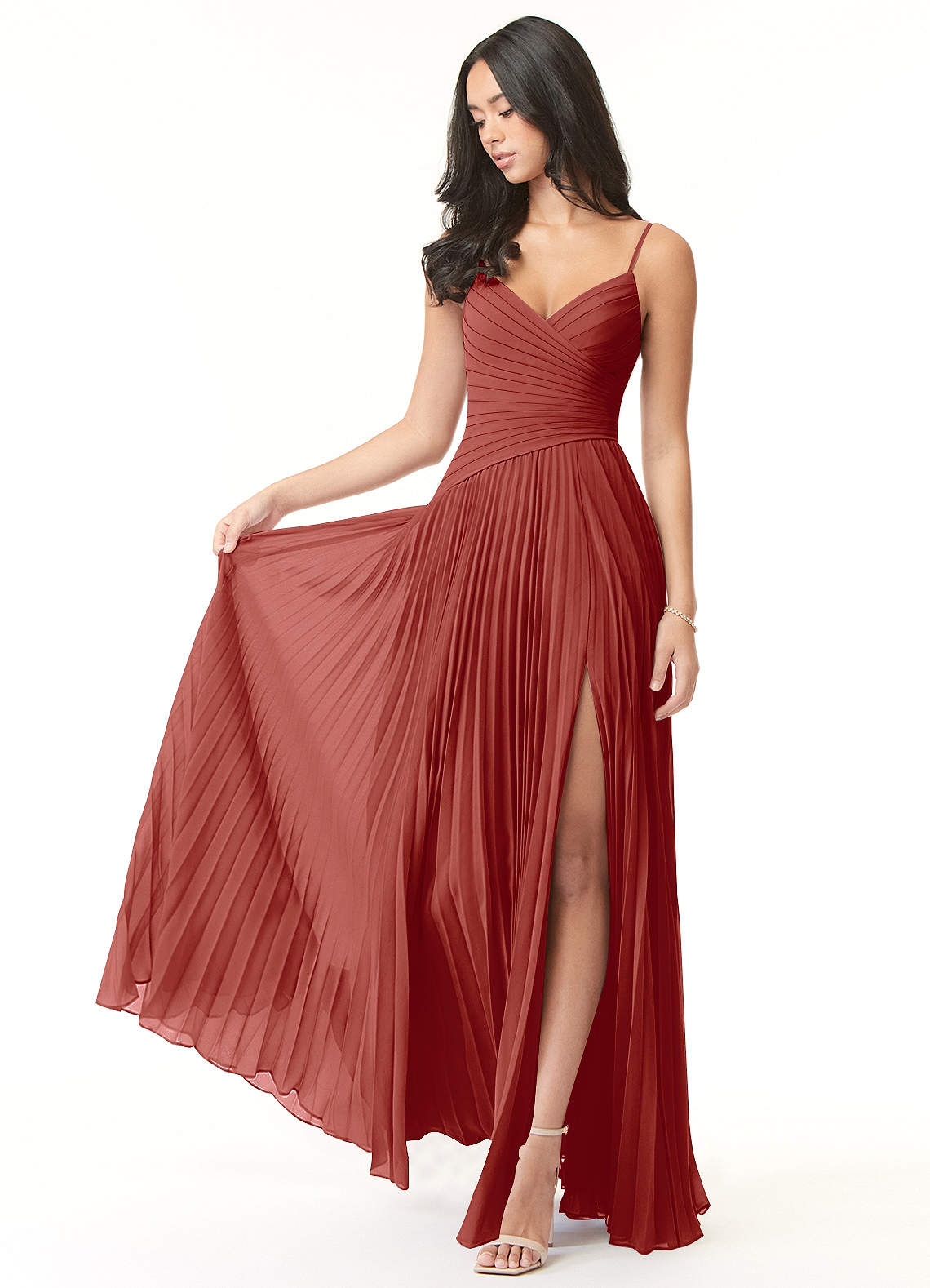 Azazie Vini Brautjungfernkleider A-Linie V-Hals Gefaltet Chiffon Kleid Terrakotta image1