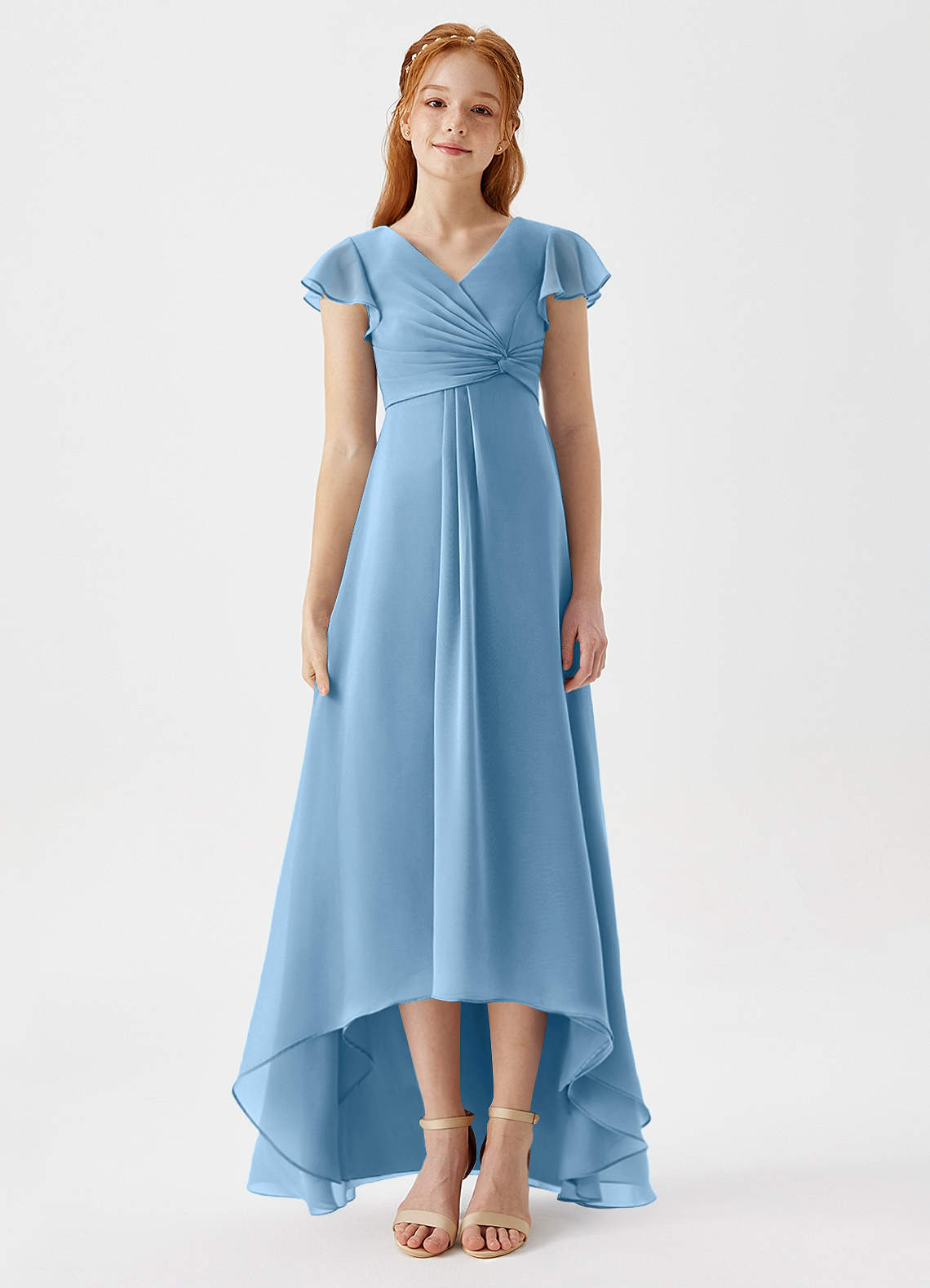 Azazie Breanne Junior Vestido de Azul Acero de Gasa de Corte En A image5