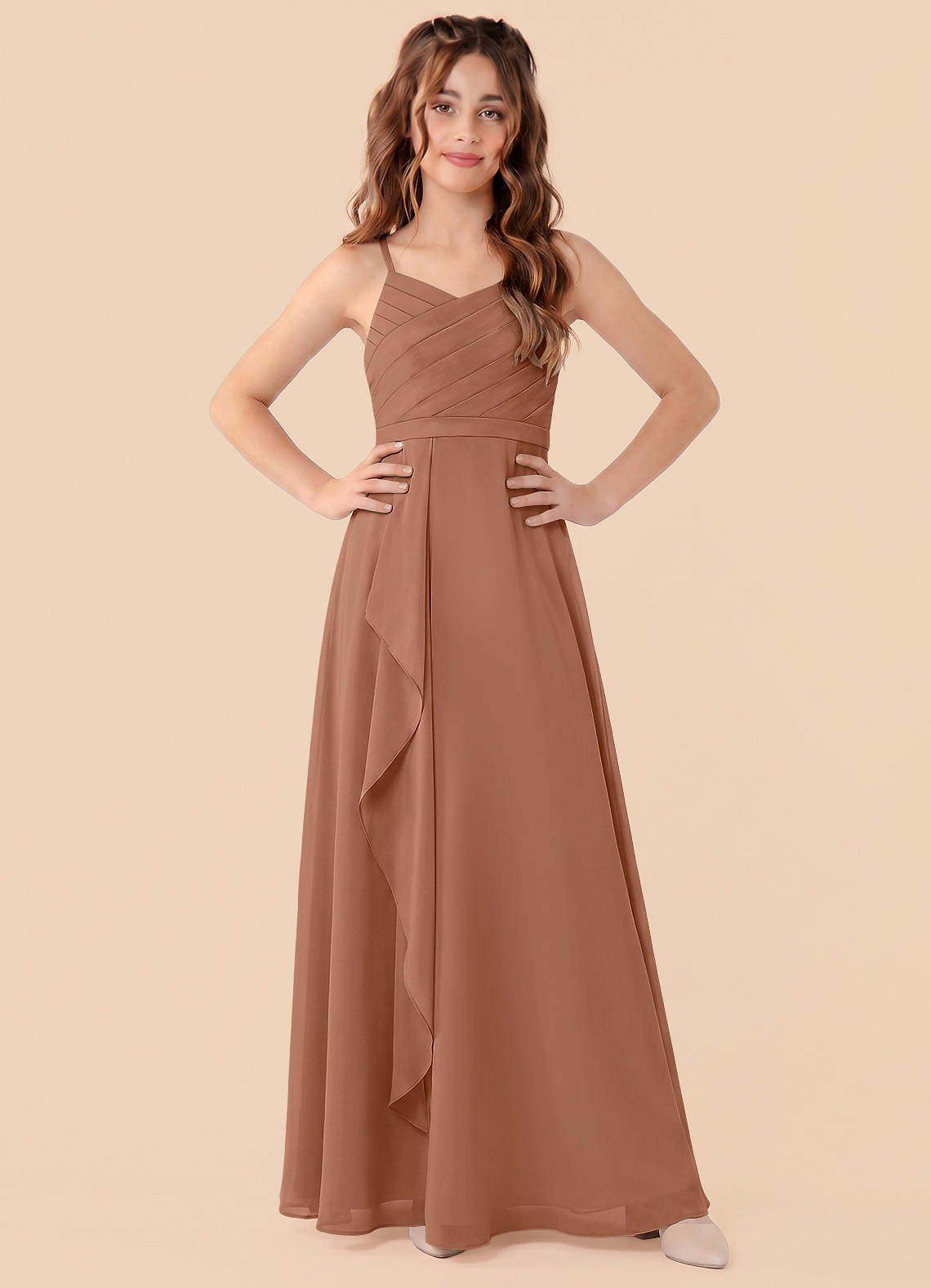 brown jr bridesmaid dresses Azazie A-Line/Princess V-Neck Floor-Length Chiffon Junior Bridesmaid Dresses