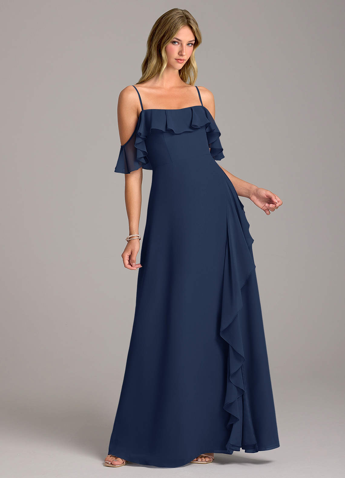 Azazie Aubrie Bridesmaid Dresses Dark Navy A-Line Off the Shoulder Chiffon Dress image1