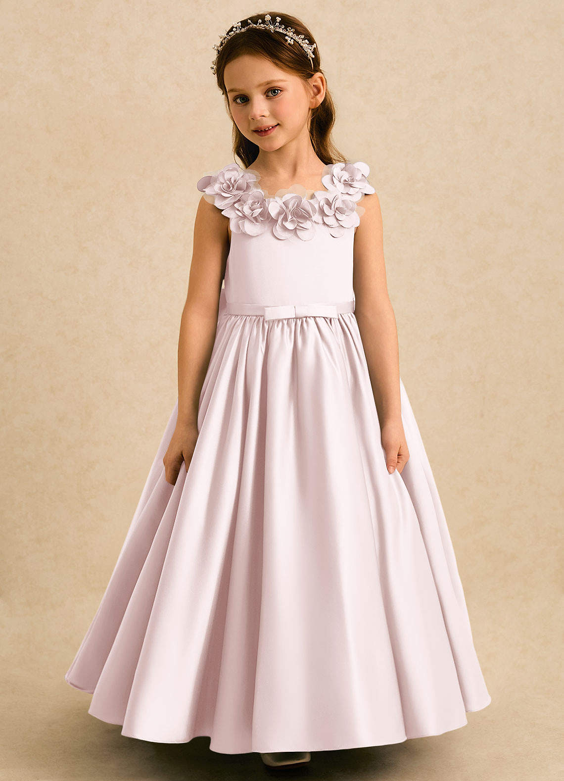 Azazie Eden Flower Girl Dresses Blushing Pink Ball-Gown Pleated Matte Satin Dress image3
