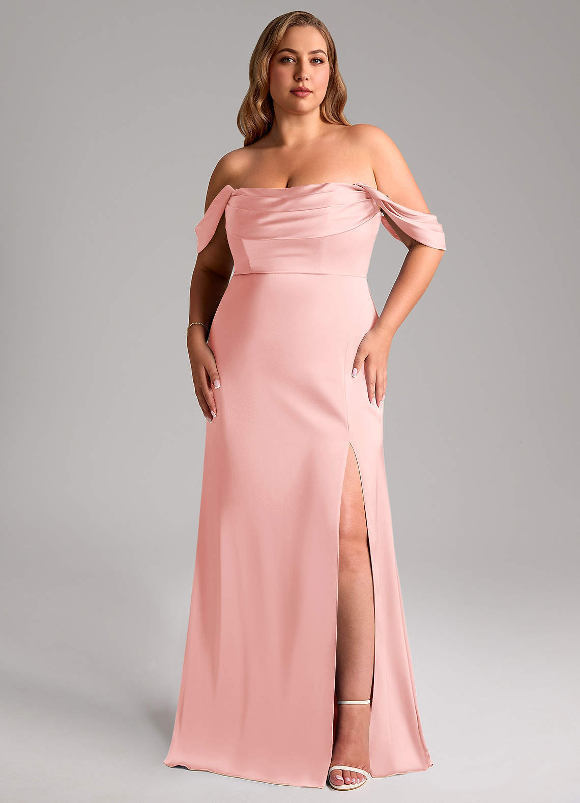 Azazie Saige At-home Try On Dresses Amethyst Sheath Off the Shoulder Stretch Satin Dress image16