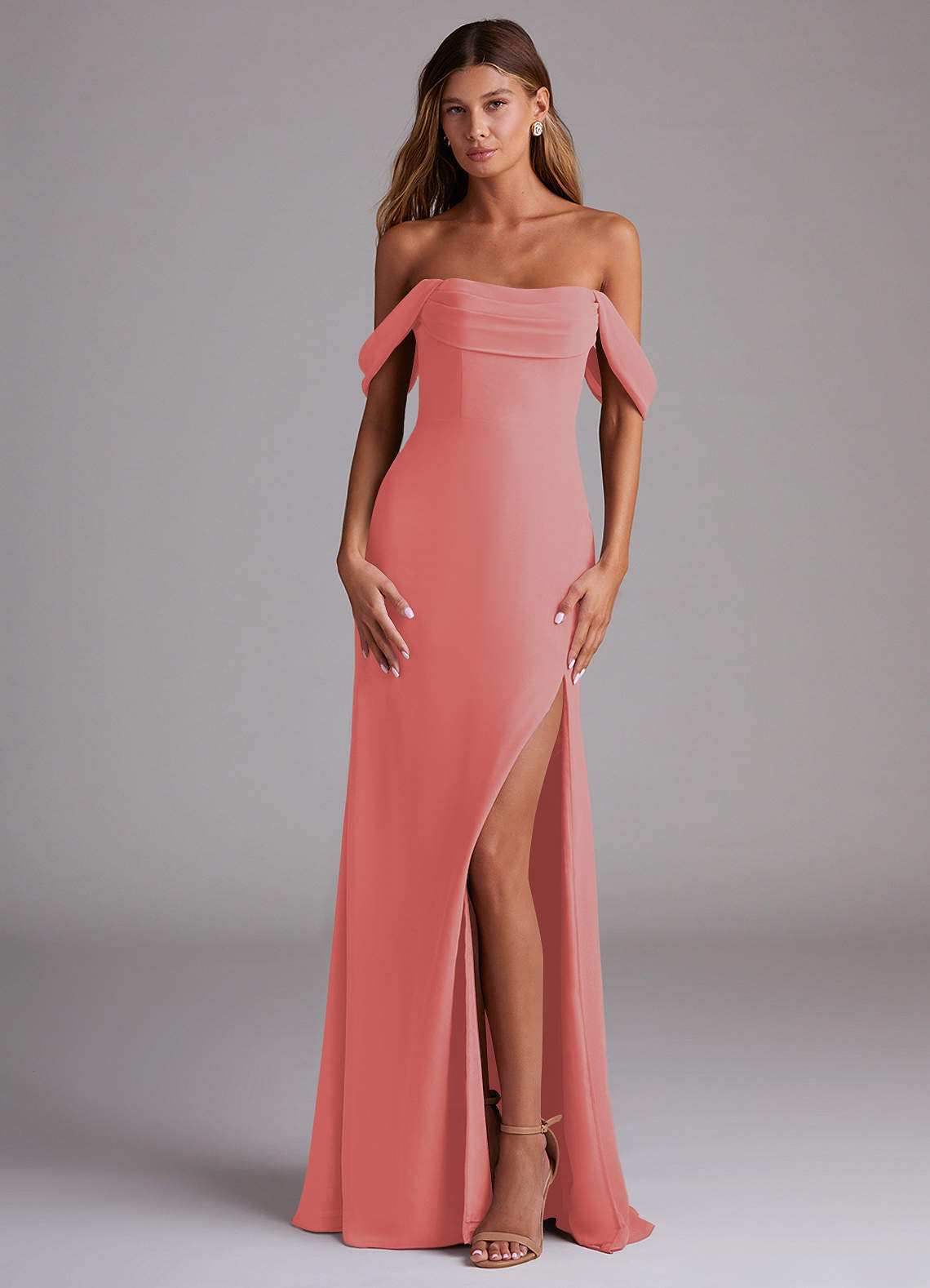 Azazie Saige Bridesmaid Dresses Coral A-Line Off the Shoulder Chiffon Convertible Dress image1