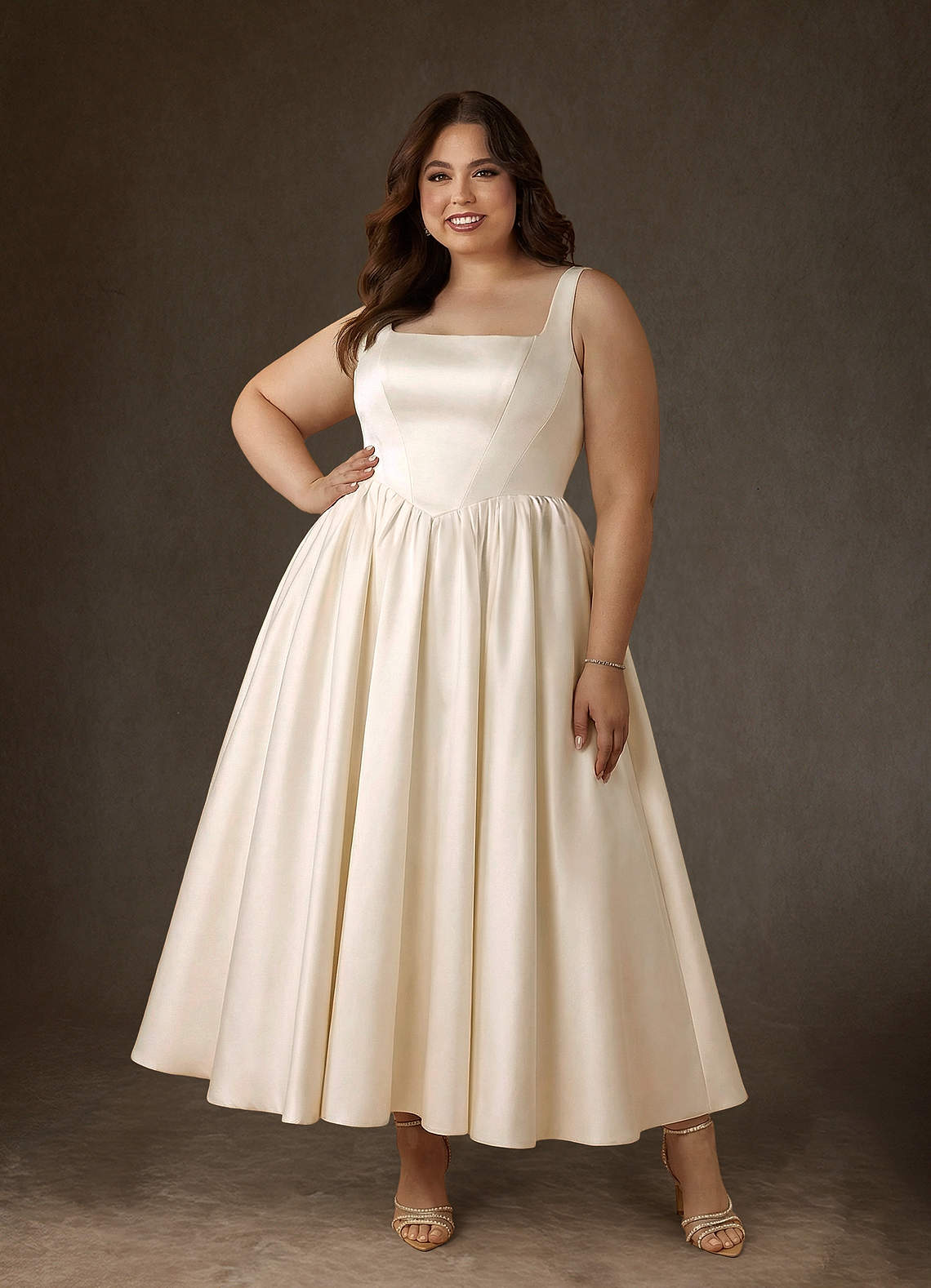 Azazie Verina Wedding Dresses Champagne A-Line with Pockets Satin Dress image1