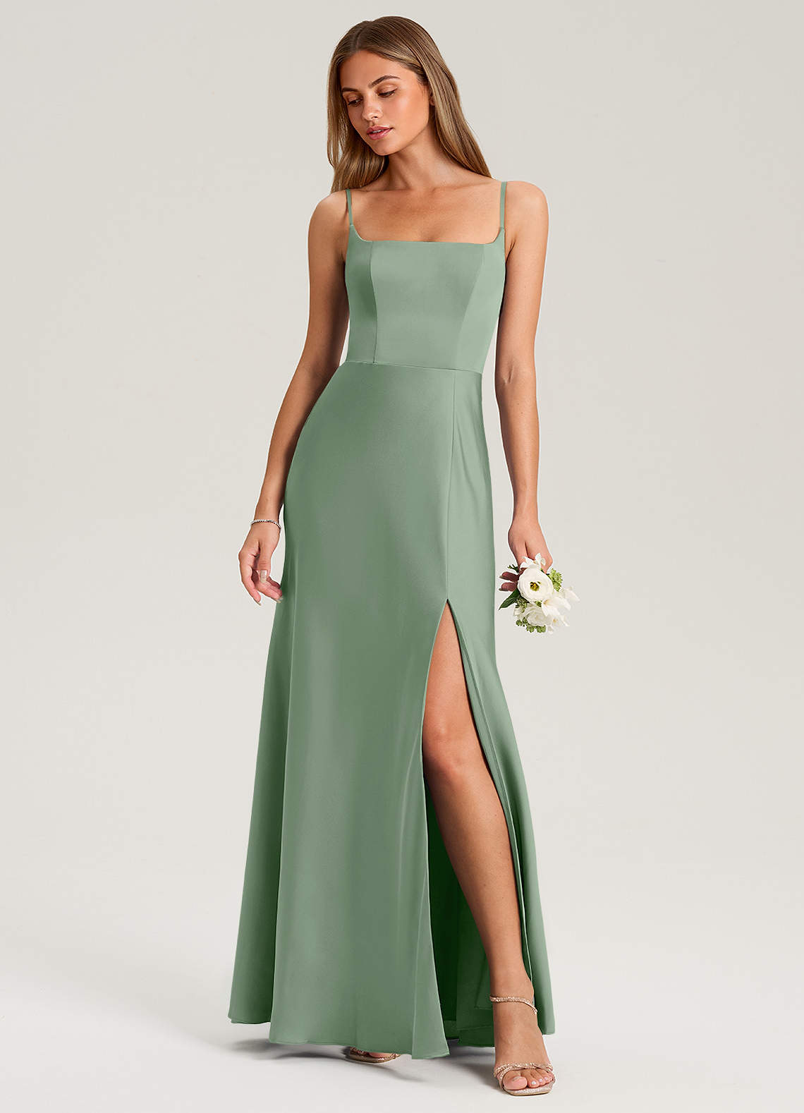 Azazie Lidia Bridesmaid Dresses Matcha Mermaid Side Slit Stretch Satin Dress image1