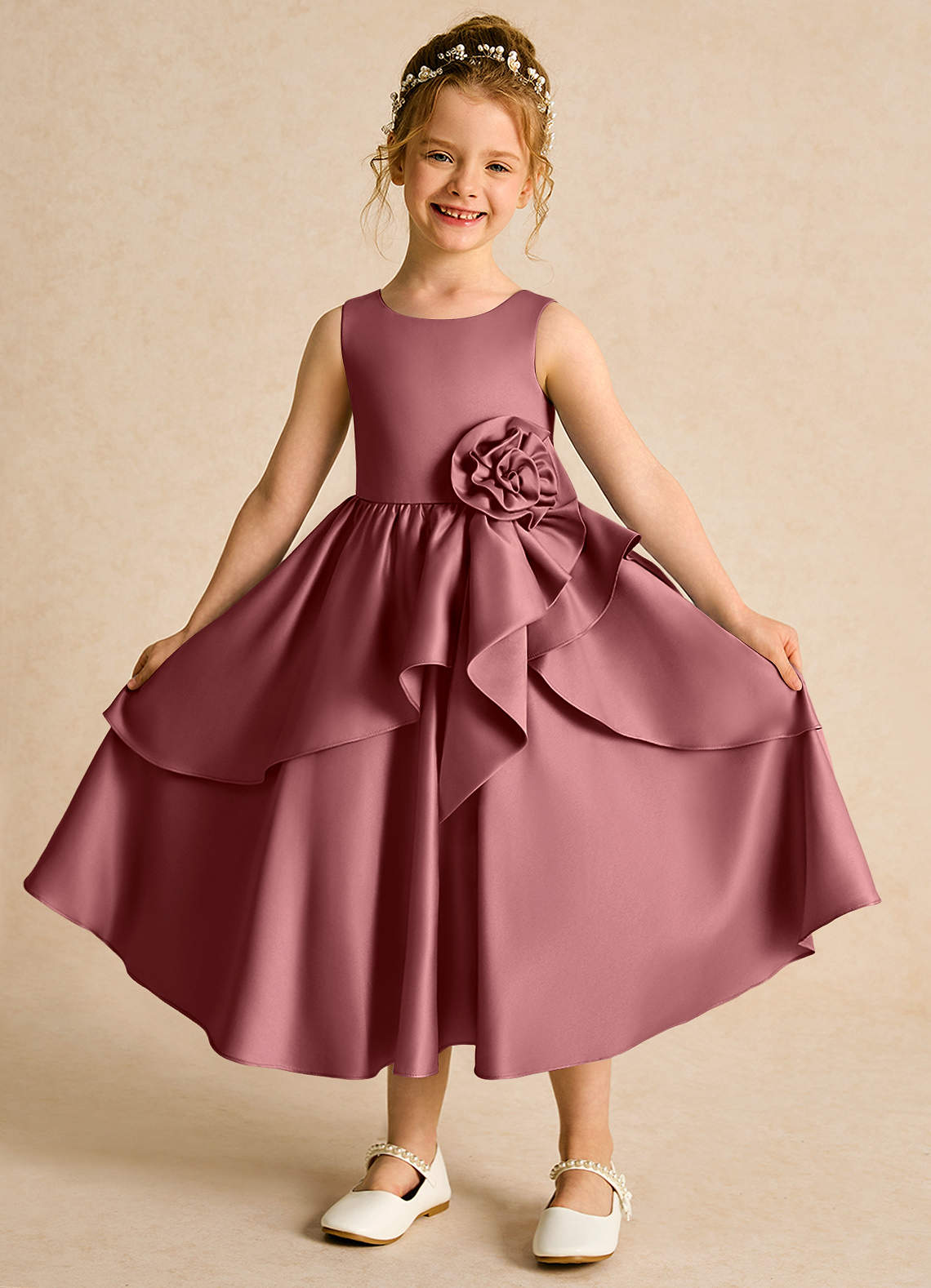 Azazie Hermia Flower Girl Dresses Amethyst A-Line Sleeveless Matte Satin Dress image1