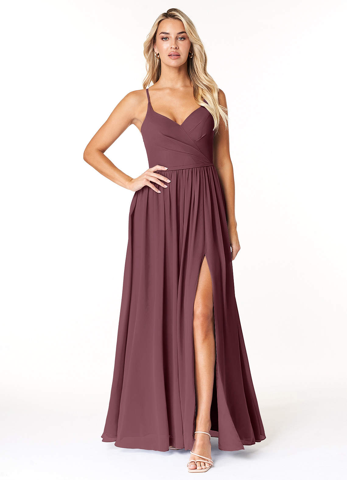 Azazie Dominic Bridesmaid Dresses Sangria A-Line V-Neck Pleated Chiffon Dress image1