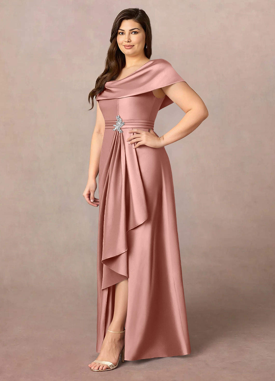 Azazie Branford Mother of the Bride Dresses Rosette A-Line Pleated Stretch Satin Dress image10
