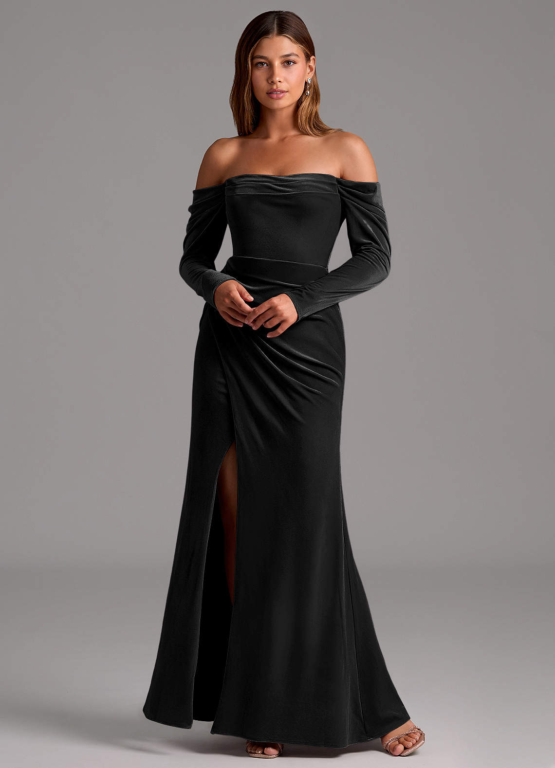 Azazie Hallie Bridesmaid Dresses Black Mermaid Long Sleeve Velvet Convertible Dress image2