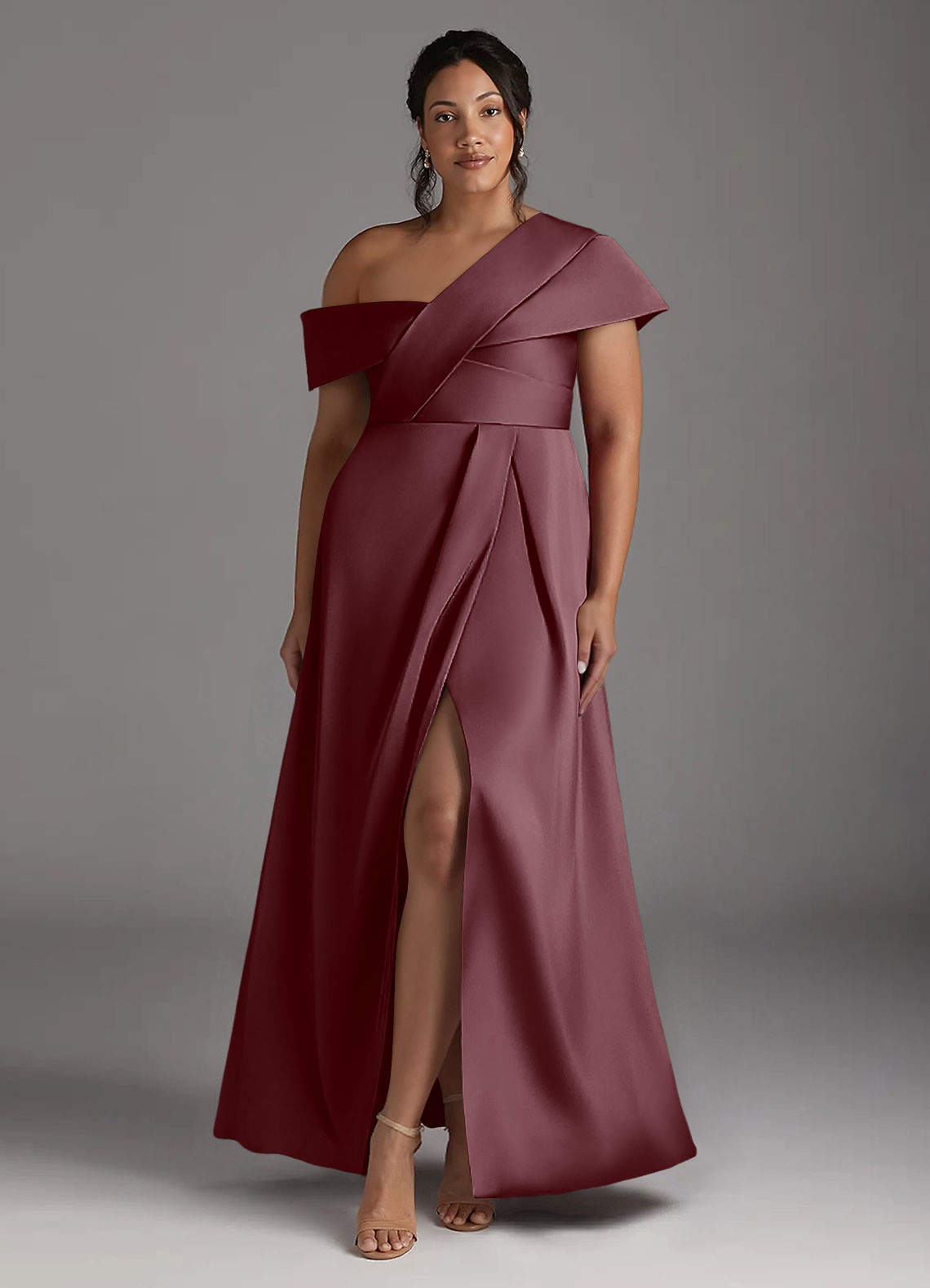 Azazie Milton Mother of the Bride Dresses Sangria A-Line Pleated Stretch Satin Dress image1