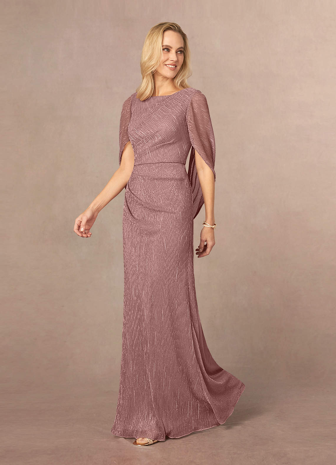 Azazie Paige Mother of the Bride Dresses Dusty Rose Sheath Pleated Cape Metallic Mesh Dress image1