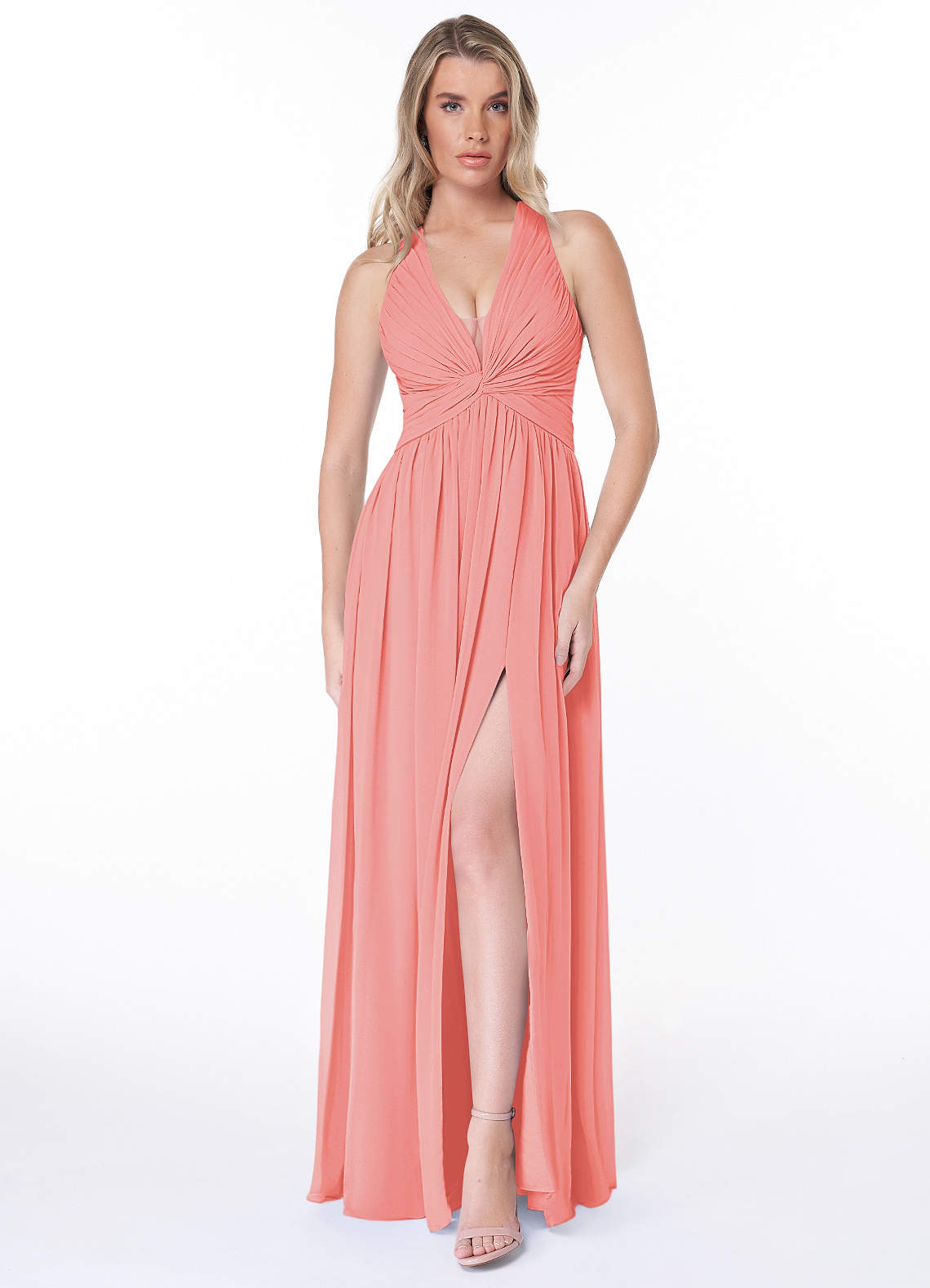 Azazie Jaclyn Brautjungfernkleider A-Linie Plissee Chiffon Kleid Koralle image1