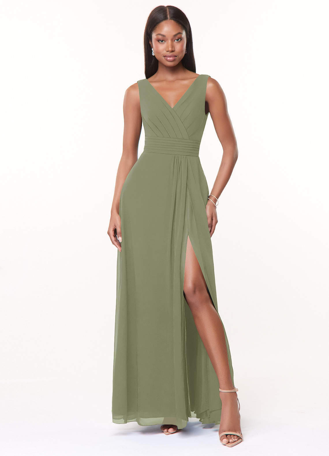 Azazie Karina Brautjungfernkleider A-Linie Plissee Chiffon Kleid Pistazie image1