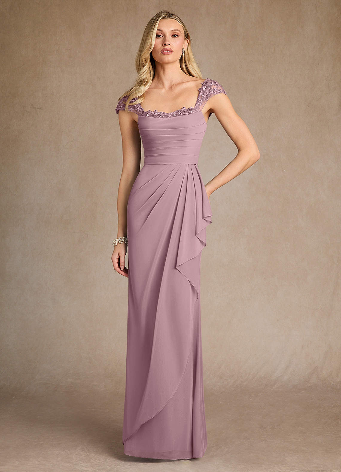Azazie Belfast Mother of the Bride Dresses Dusty Rose Sheath Lace Mesh Dress image1