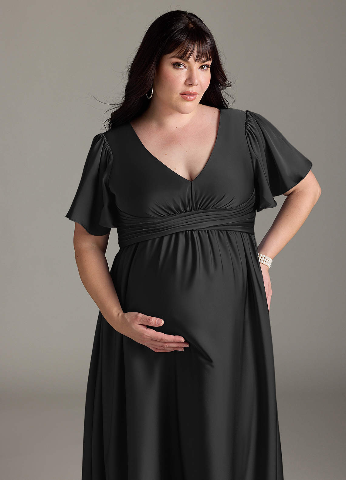 Azazie Verna vestidos de dama de honor de maternidad Vestido de Corte En A Volante Hasta el suelo Satén Elástico image14