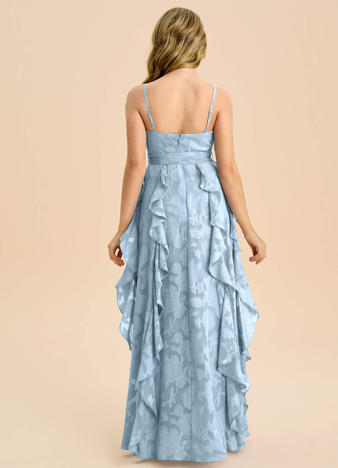 Azazie Peyton Junior Vestido de Azul Cielo de Devorado Floral de Corte en A con Plisado image6