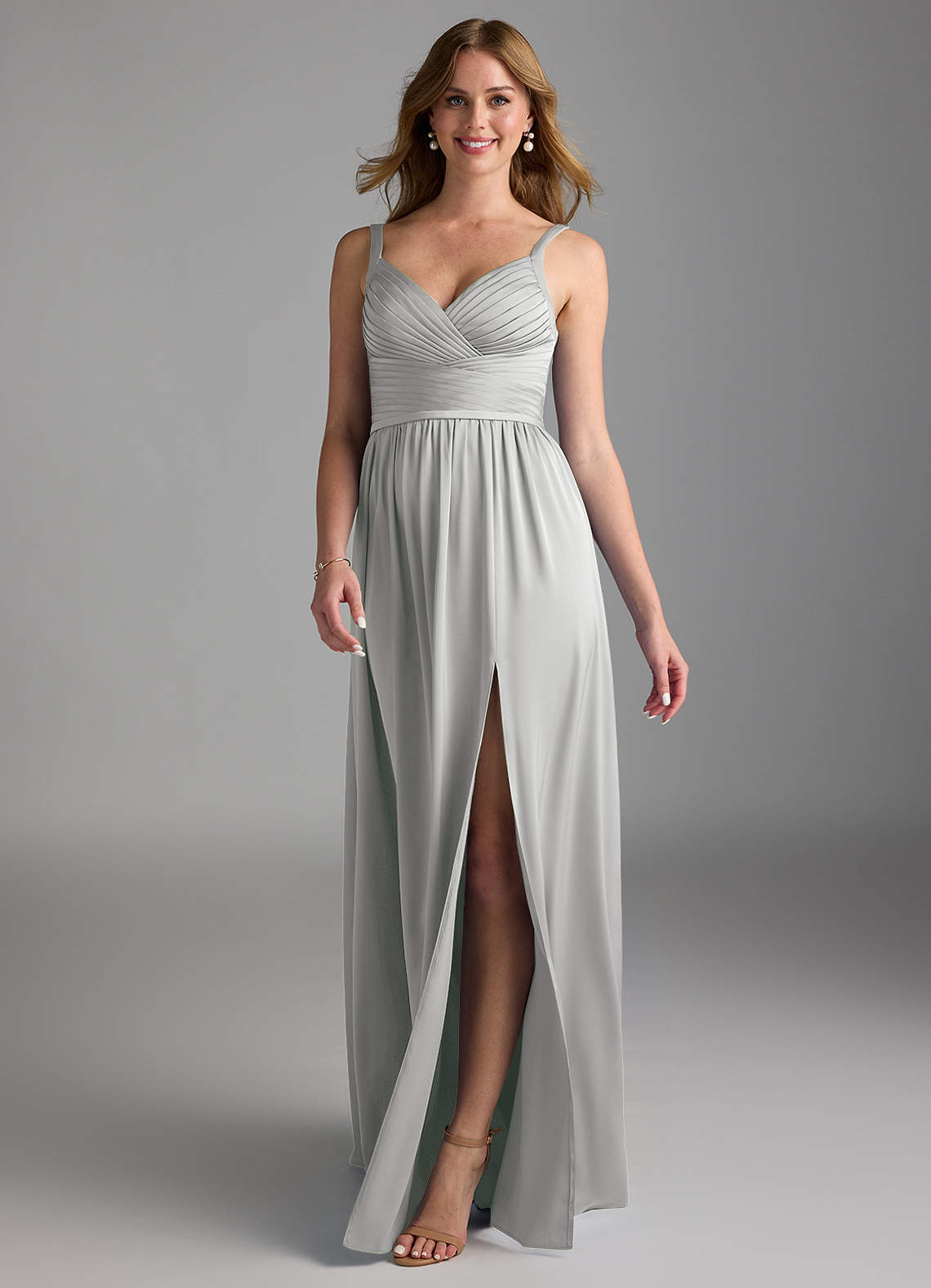Azazie Chanel Brautjungfernkleider A-Linie Plissee Stretch-Satin Kleid Silber image1