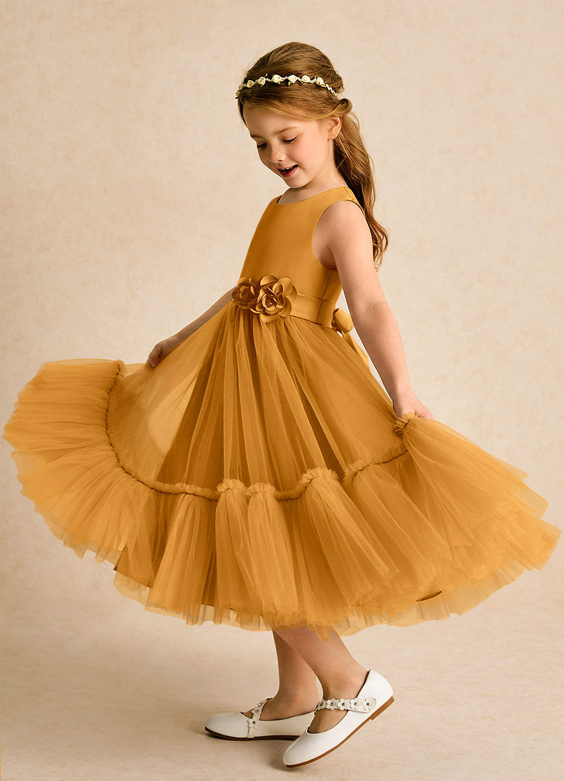 Azazie Miracle Flower Girl Dresses Butterscotch A-Line Bow Matte Satin Dress image1