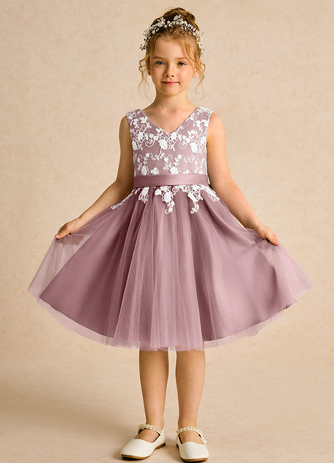 Azazie Butterfly Flower Girl Dresses Dusty Rose A-Line Lace Dress image1