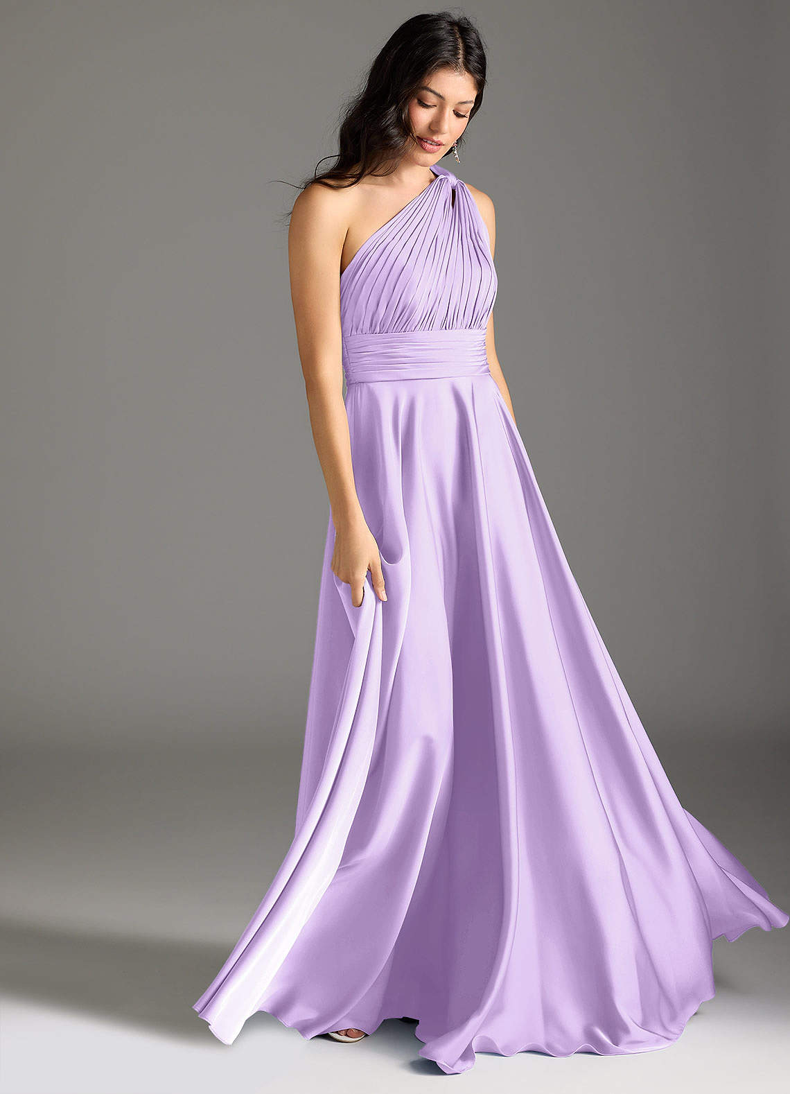 Azazie Charlize Bridesmaid Dresses Lilac A-Line One Shoulder Stretch Satin Dress image2