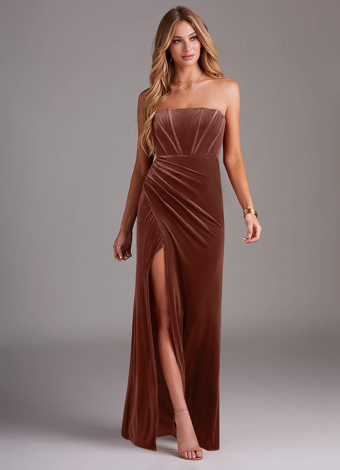Azazie Larisa Ready to Ship Terracotta Velvet Bridesmaid Dresses | Azazie