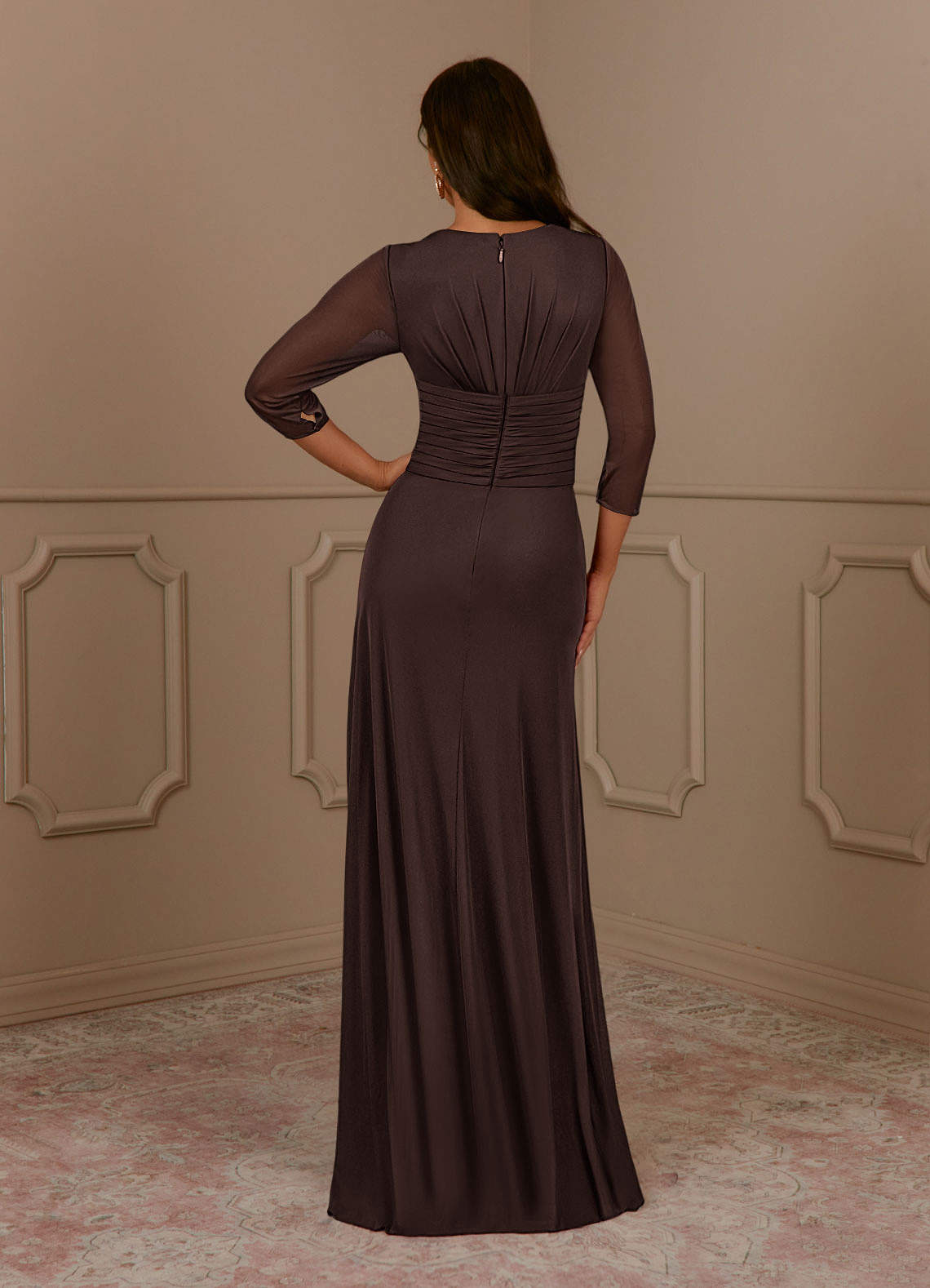 Azazie Annetta At-home Try On Dresses Mulberry A-Line V-Neck Pleated Mesh Dress image3