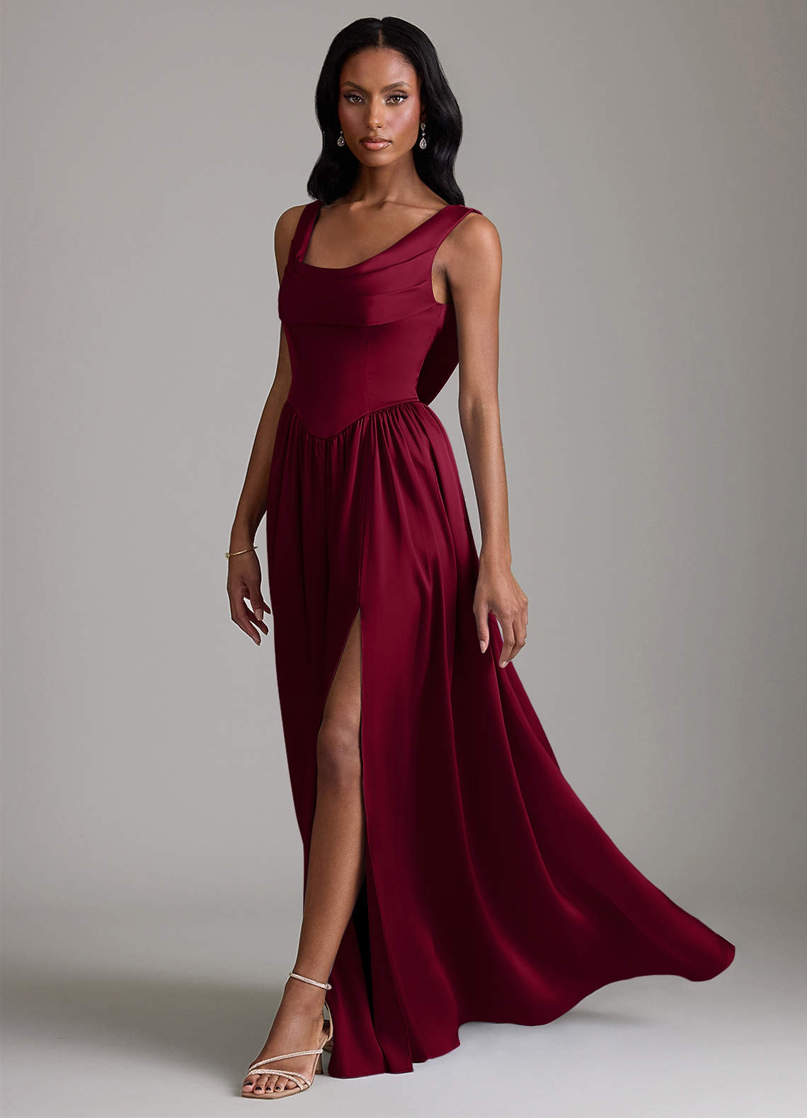 Azazie Novi Bridesmaid Dresses Burgundy A-Line with Pockets Stretch Satin Dress image5