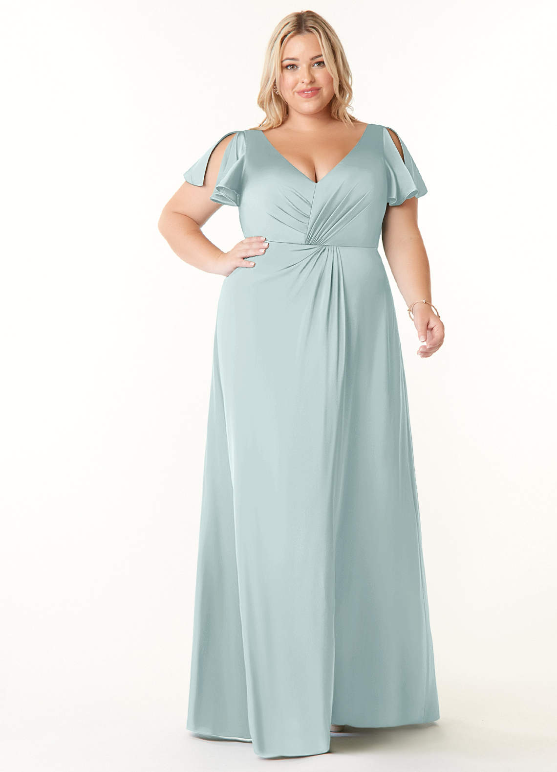 Azazie Soren Bridesmaid Dresses Mist A-Line Pleated Stretch Satin Dress image1