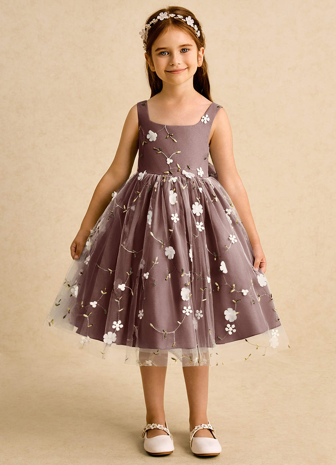 Azazie Bean Flower Girl Dresses Espresso Ball-Gown Sleeveless Tulle Dress image1