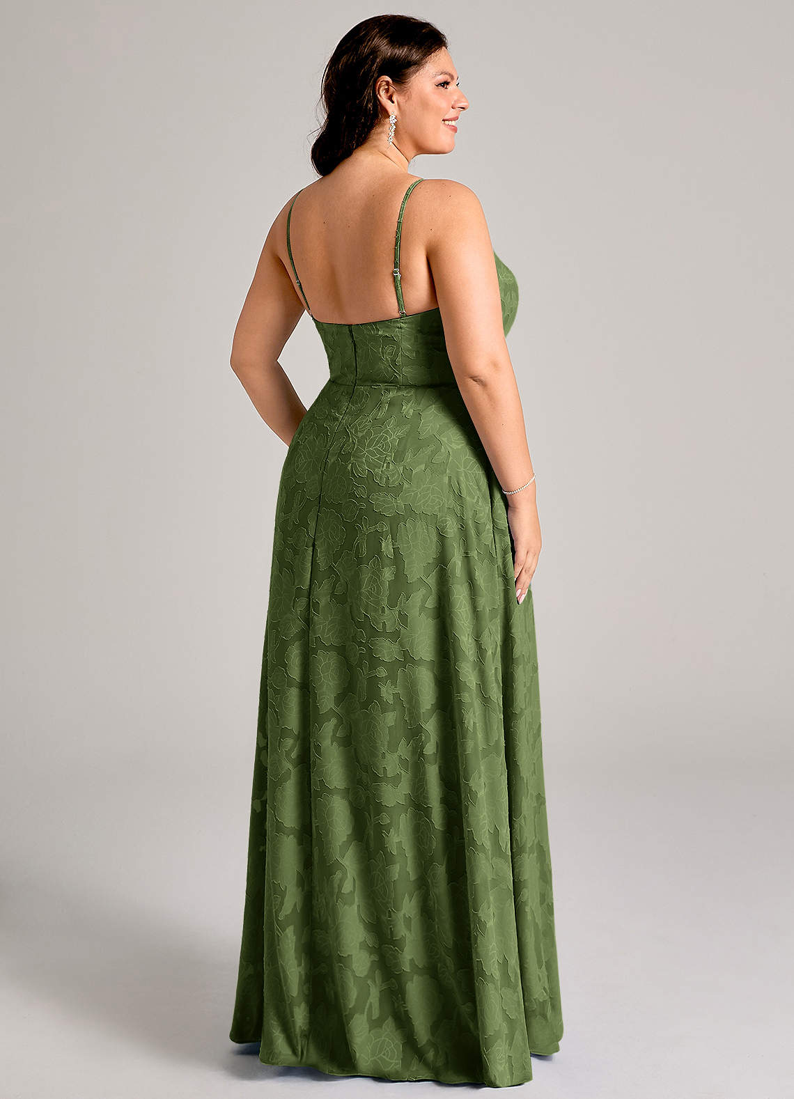 Azazie Moira Vestidos de madrinha de casamento Vestido Oliva de Esgotamento Floral de Linha A com Racha Lateral image7