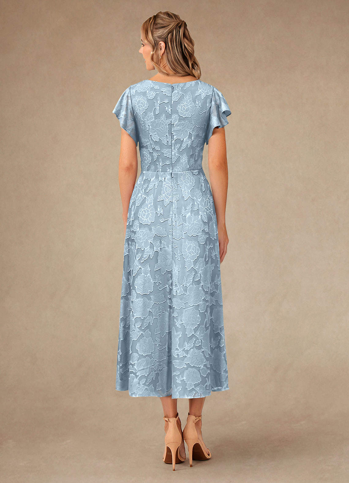 Azazie Vera vestidos de madre de la novia Vestido de Azul Cielo de Devorado Floral de Corte En A con Plisado image3