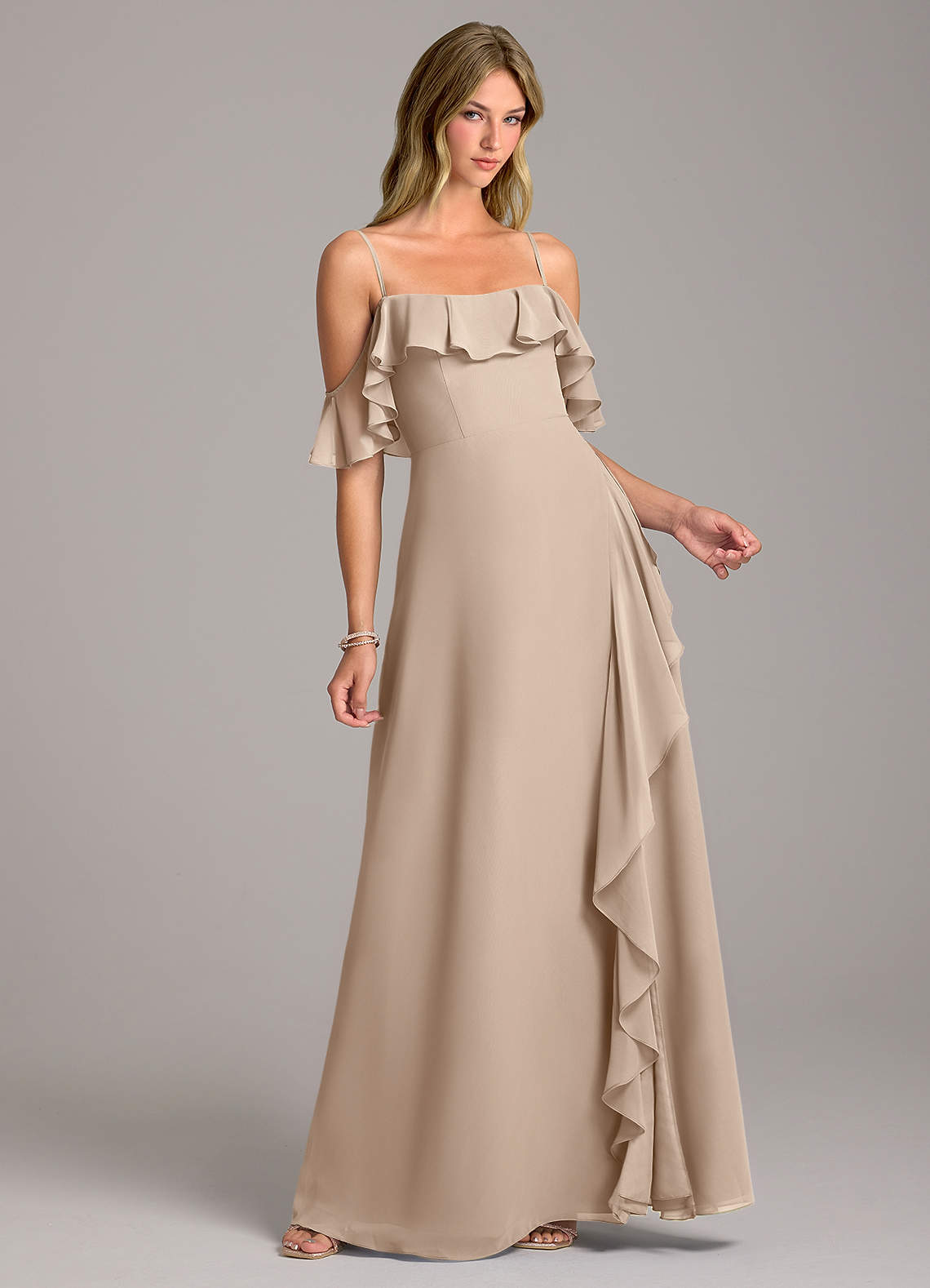Azazie Aubrie Bridesmaid Dresses Taupe A-Line Off the Shoulder Chiffon Dress image1