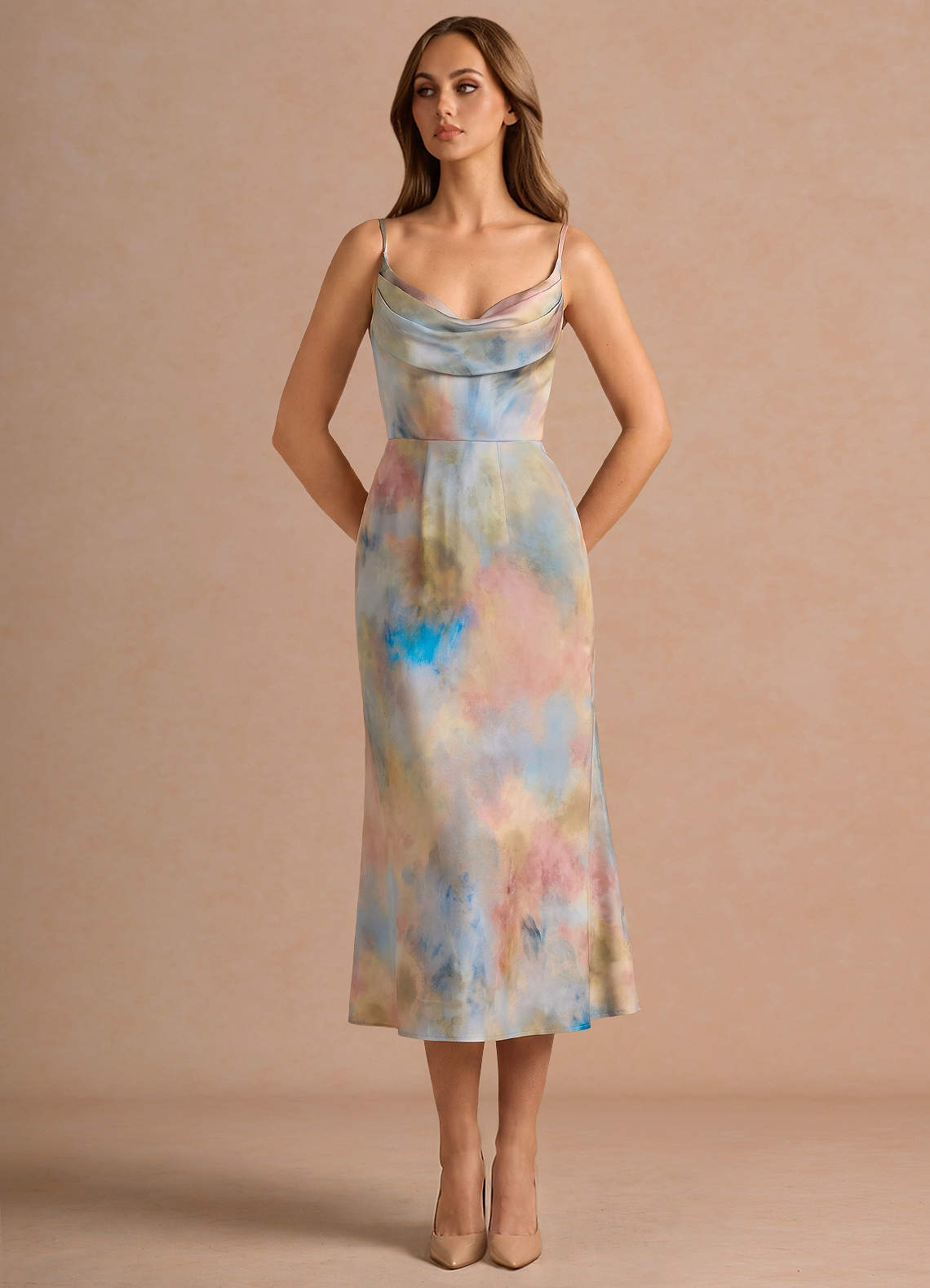 watercolour midi dress Azazie Cowl Column Midi Cocktail Dresses in Watercolor