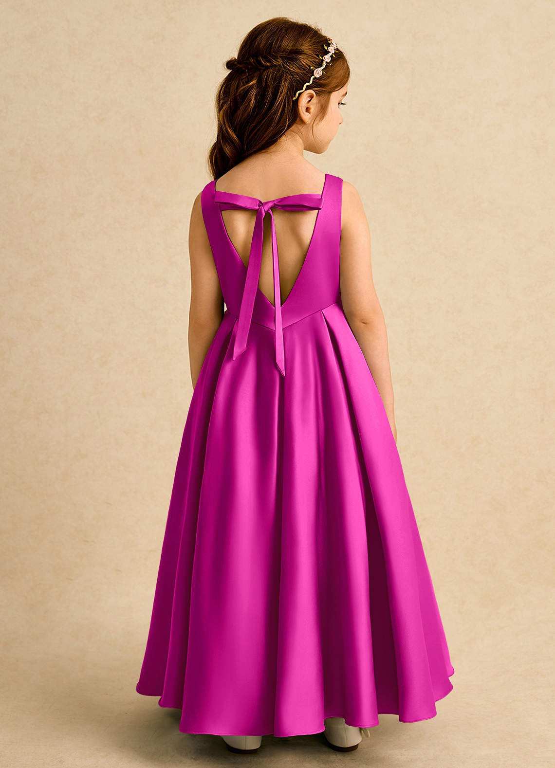 Azazie Pepper vestidos de niña de las flores Vestido de Fucsia de Satin Mate de Corte En A con Plisado image1