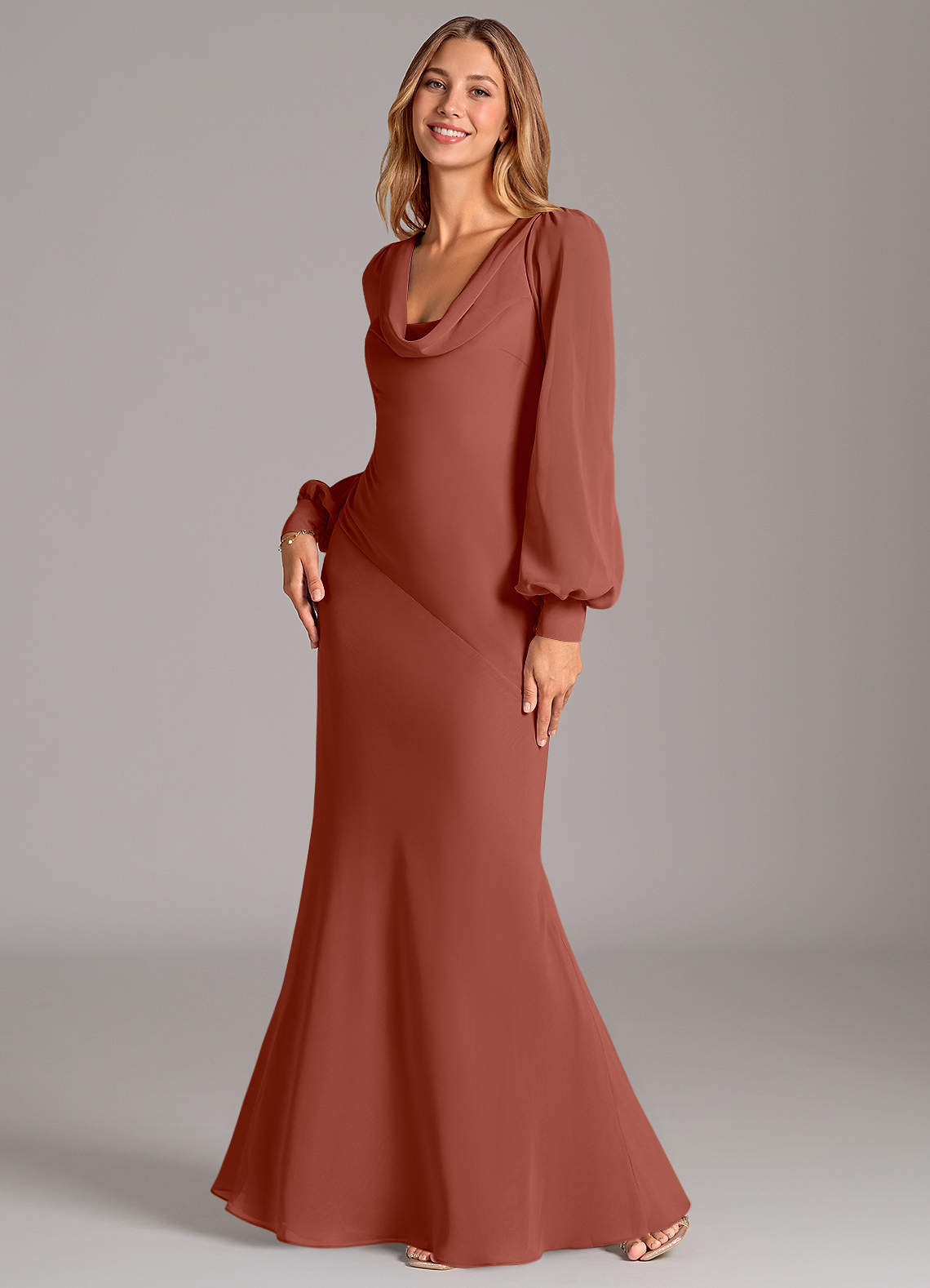 Azazie Rylina Bridesmaid Dresses Auburn Mermaid Long Sleeve Chiffon Dress image1