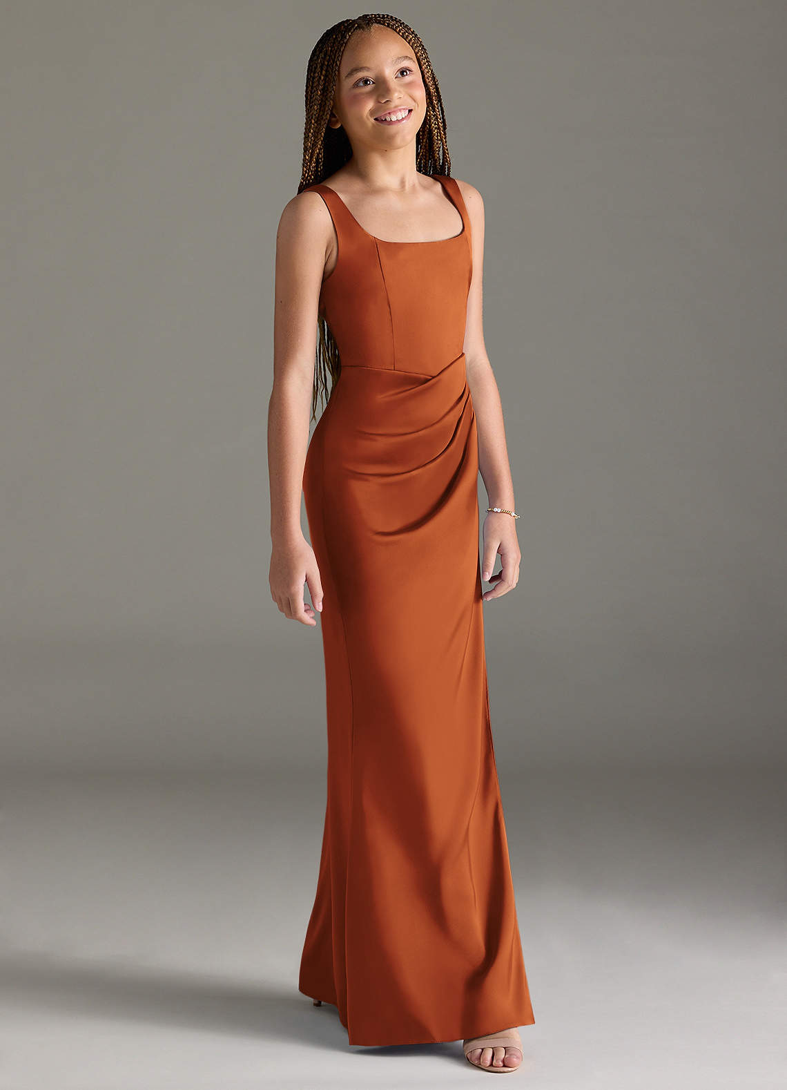 Azazie Mero Junior Agave Mermaid Pleated Stretch Satin Dress image2