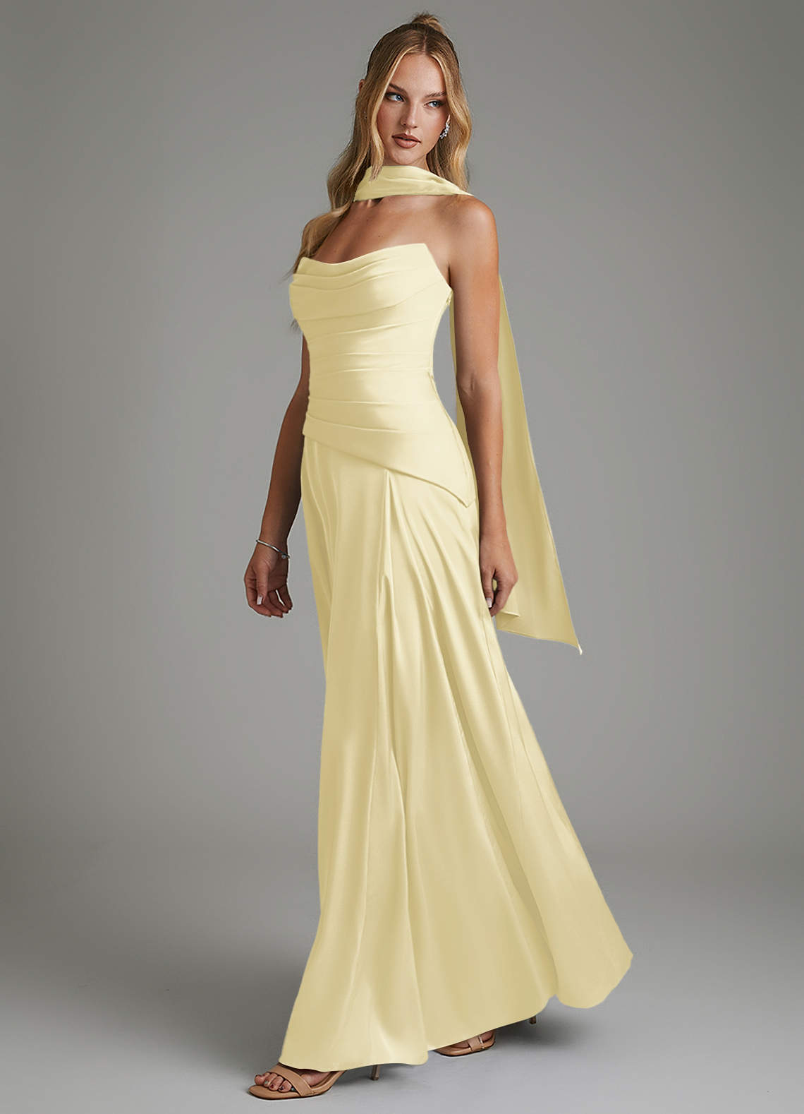 Azazie Gabriela Bridesmaid Dresses Lemon Sorbet A-Line Corset Stretch Satin Dress image5