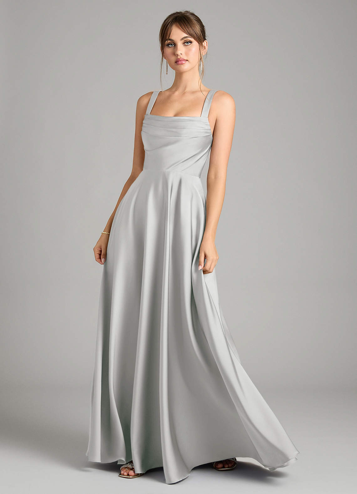 Azazie Shaude Bridesmaid Dresses Silver A-Line Pleated Stretch Satin Dress image1